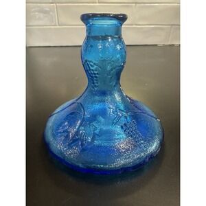 L E Smith Heavy Turquoise Or Sea Blue Color Glass Grapes & Leaves Candle Holder